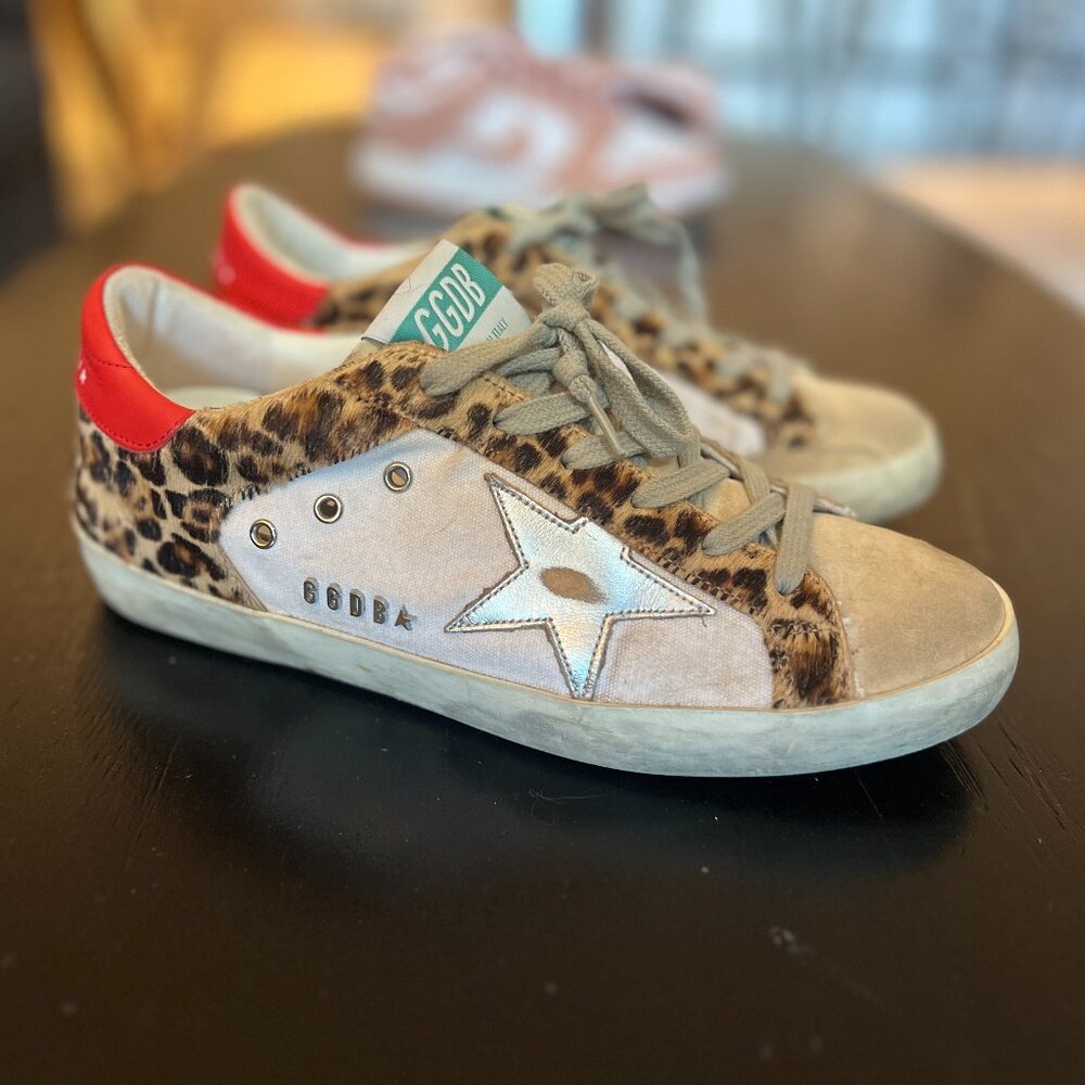 Golden Goose Super-Star with silver star and leopard-print pony skin
